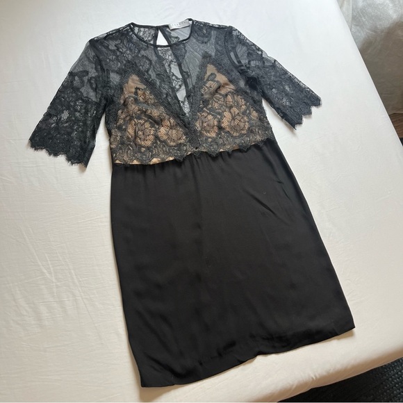 SANDRO black lace overlay short sleeve mixed media mini dress - Picture 1 of 7